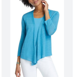 J. Jill Blue Linen Blend Draped Open Front Cardigan L Airy Soft Relaxed Modest